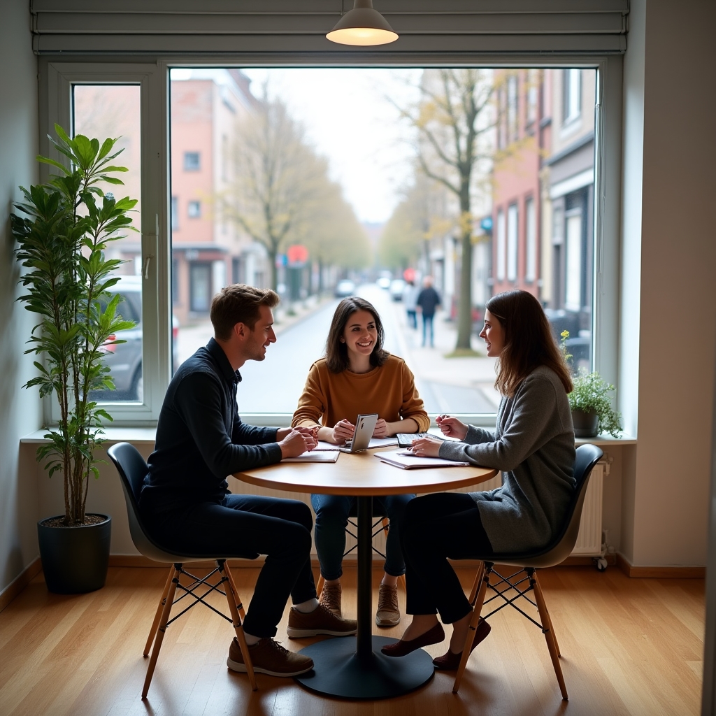 Kleines Büro in Hamburg mit Blick auf eine ruhige Straße, in dem ein Beratungsgespräch stattfindet