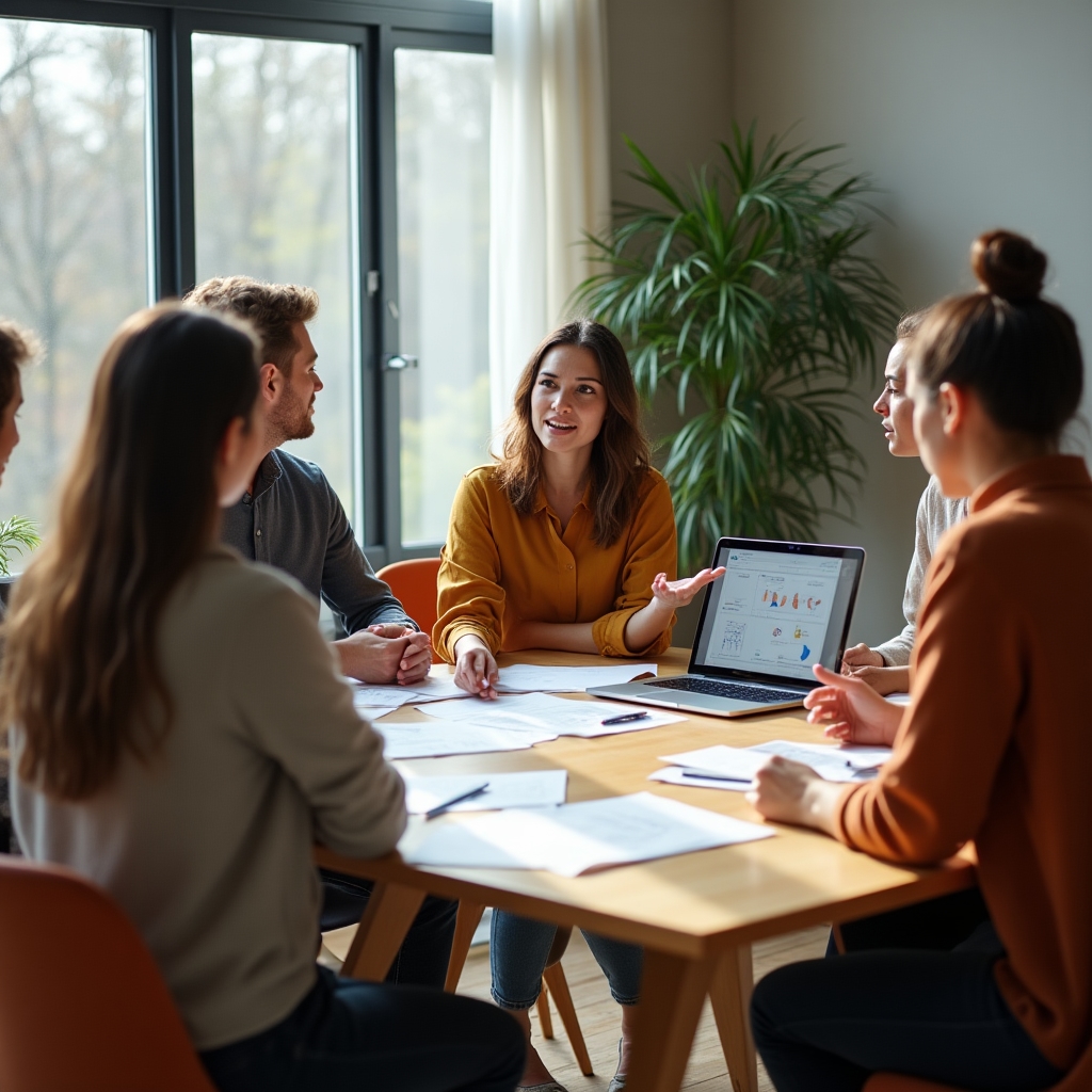 Team eines Kleinunternehmens sitzt gemeinsam an einem Tisch und bespricht die Quartalszahlen