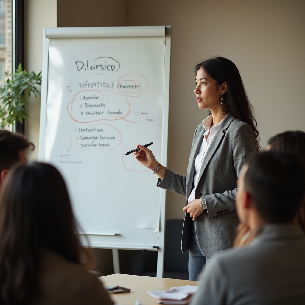 Moderatorin steht an einem Whiteboard und notiert Prioritäten während ein Team zuschaut