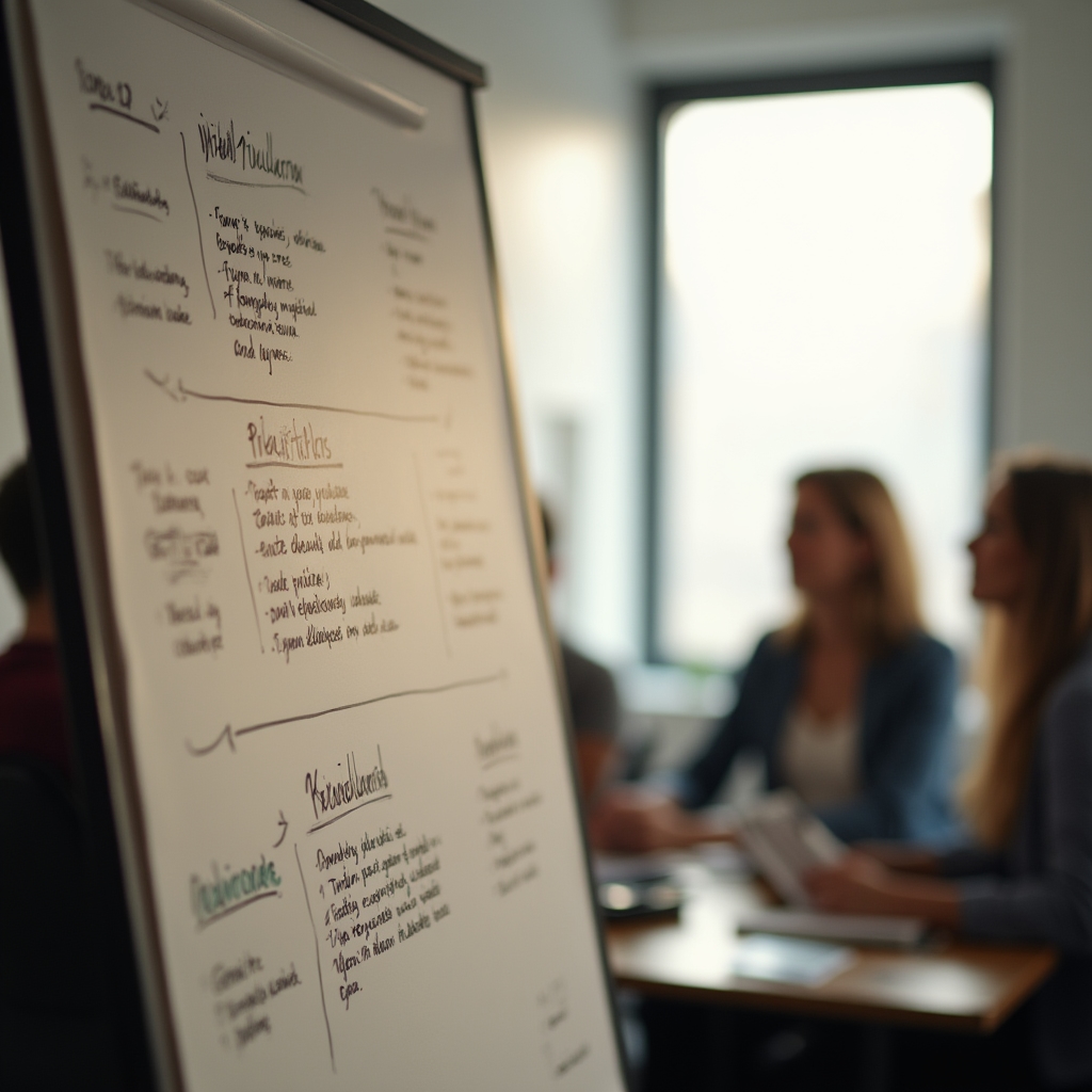 Flipchart mit handschriftlichen Notizen und drei markierten Prioritäten für das nächste Quartal